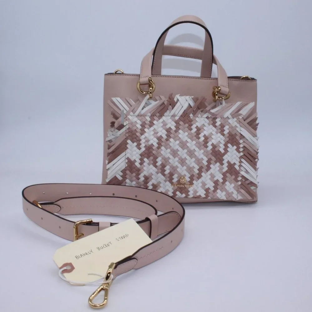 Michael Kors Blakely Bucket Satchel Bag Purse Woven Leather With Gold Trim